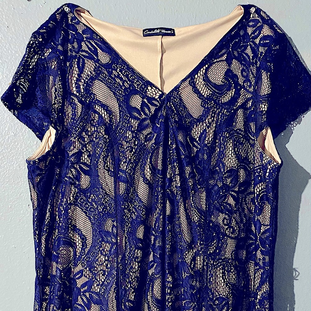 Navy Blue 2 layered floral lace long dress